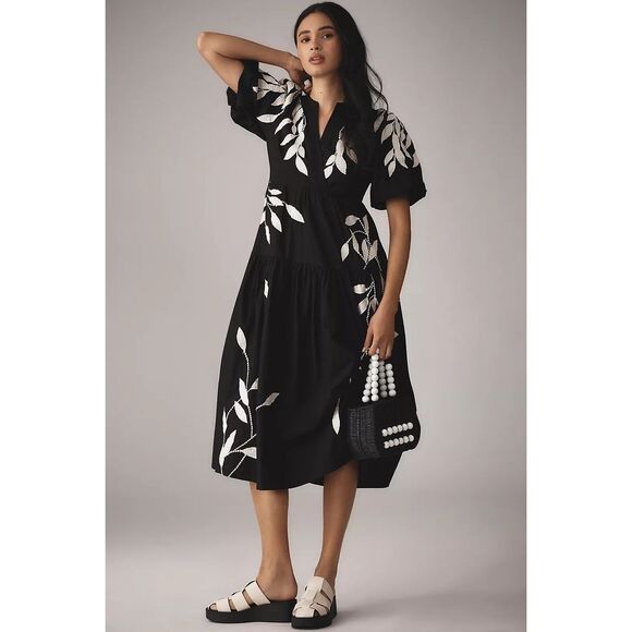 Anthropologie Short-Sleeve Embroidery Appliqué Midi Dress XS NEW - Picture 1 of 3